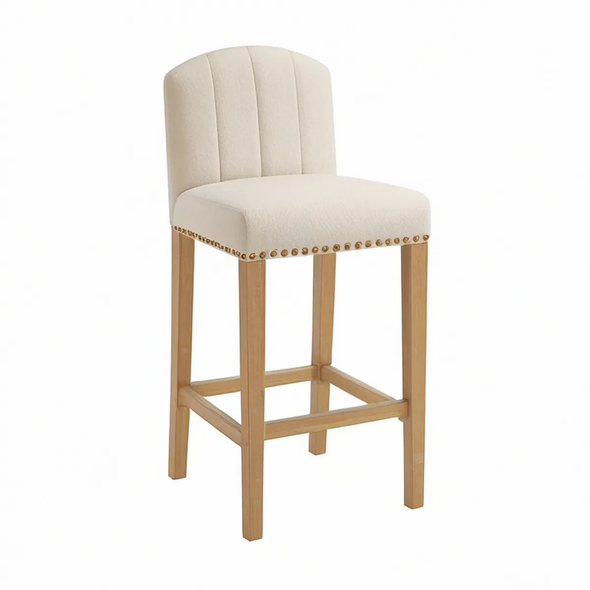 Banco Alto Estofado com Encosto 48 x 52 x 105 cm, Assento a 75 cm, Bouclé Bege-Claro e Madeira Natural
