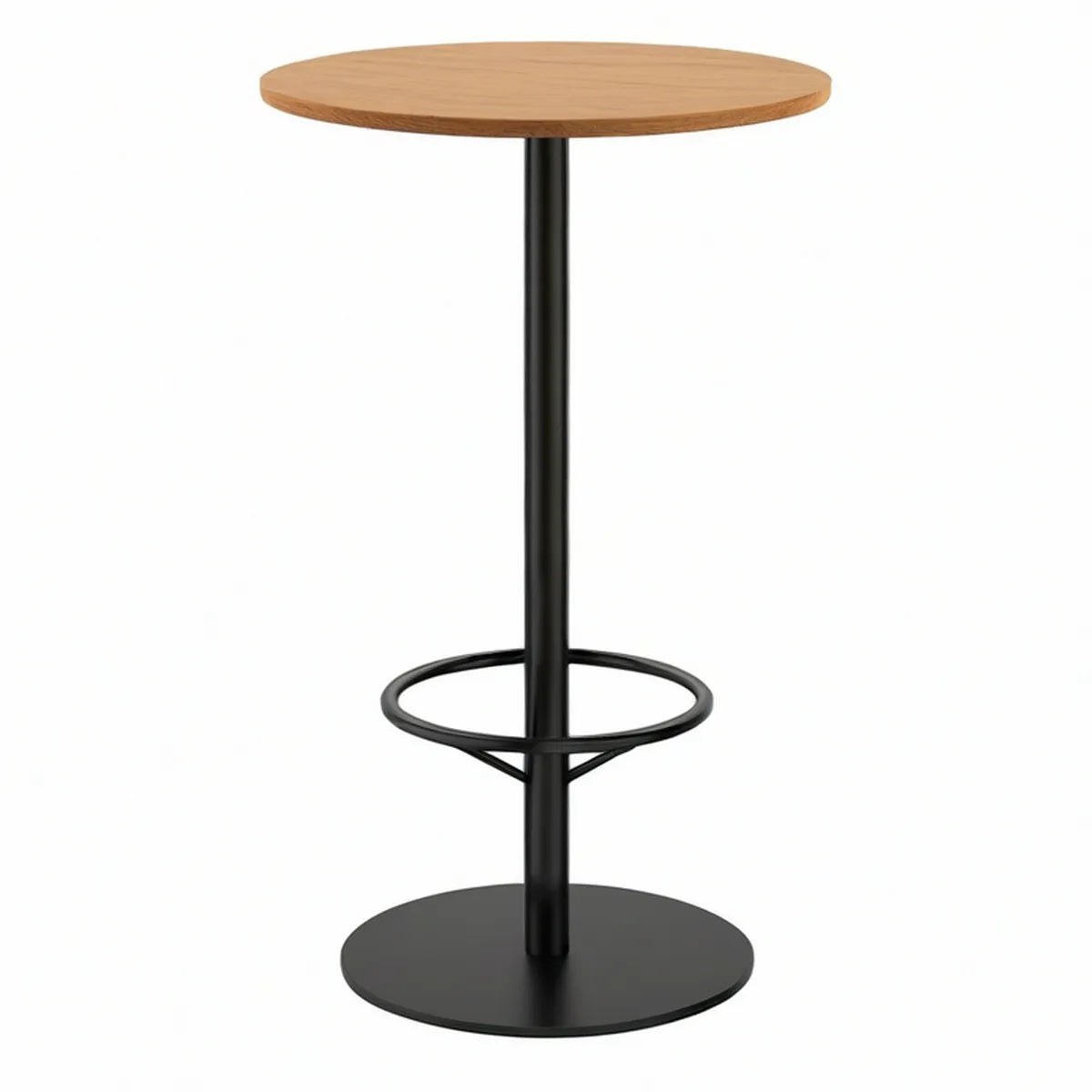 Mesa de Bar Redonda com Apoio para os Pés, Tampo Carvalho e Estrutura Preta, Ø60 x 110 cm