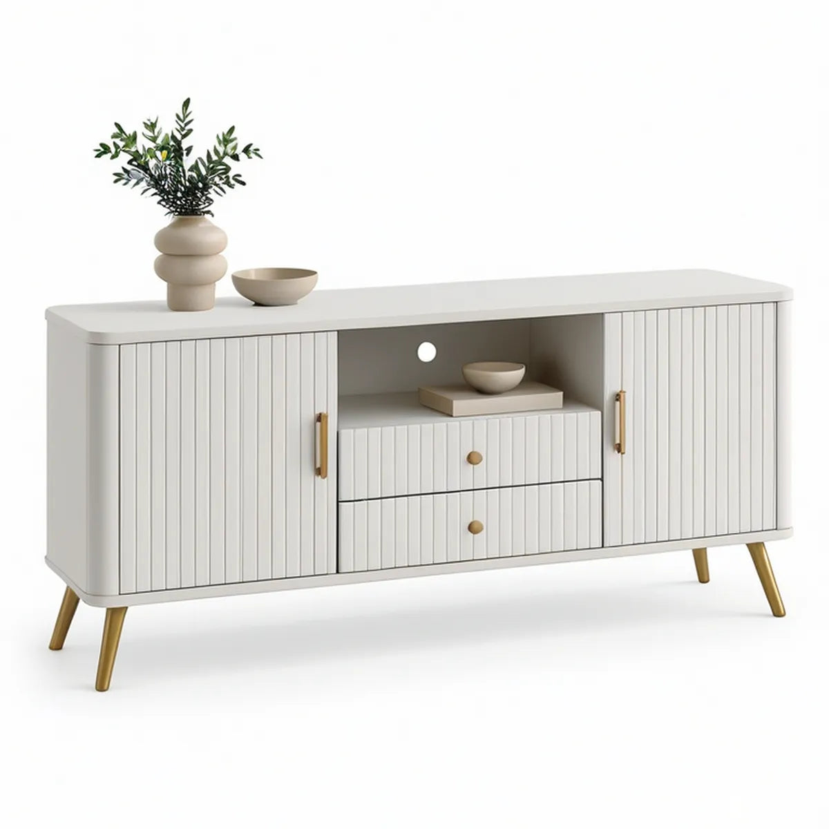 Aparador Retangular em MDF Branco Mate e Dourado com 2 Portas e 2 Gavetas, 160 x 40 x 80 cm