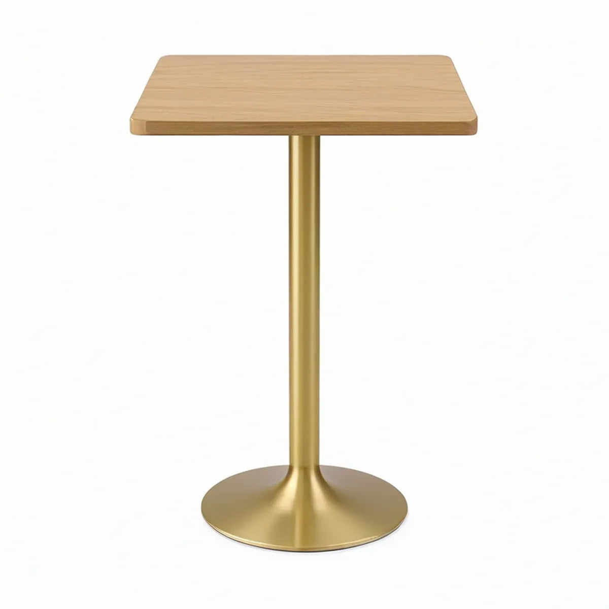 Mesa alta quadrada 60 x 60 x 110 cm em MDF carvalho natural e aço dourado