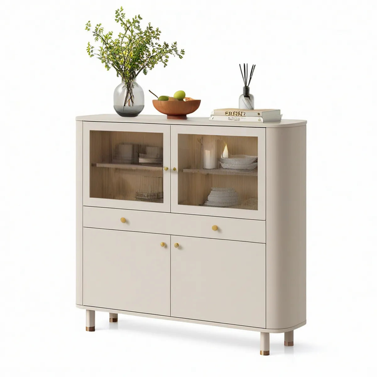 Aparador em MDF Branco-Marfil com 4 Portas, 1 Gaveta e Vidro Canelado, 120 x 40 x 110 cm