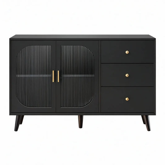 Aparador em MDF Preto e Dourado com 2 Portas e 3 Gavetas, 120 x 40 x 80 cm