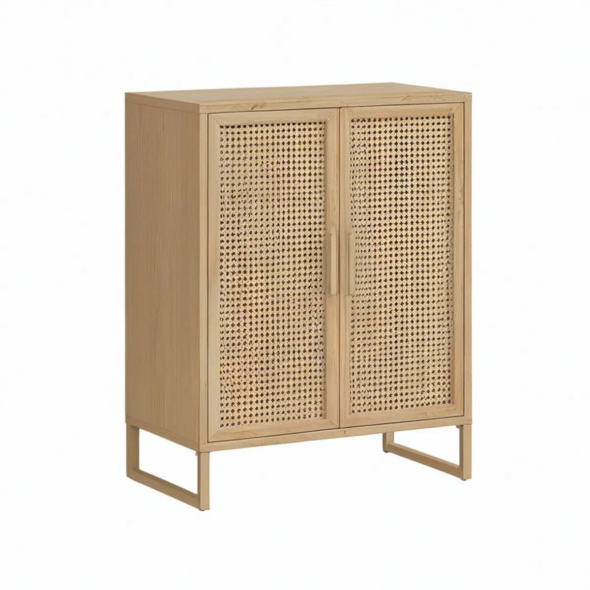 Aparador Retangular com 2 Portas em Pinho Maciço e Rotim Natural, 80 x 40 x 100 cm