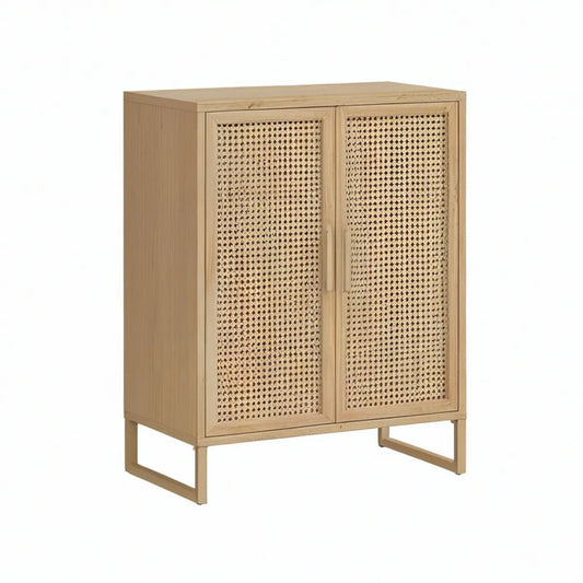 Aparador Retangular com 2 Portas em Pinho Maciço e Rotim Natural, 80 x 40 x 100 cm