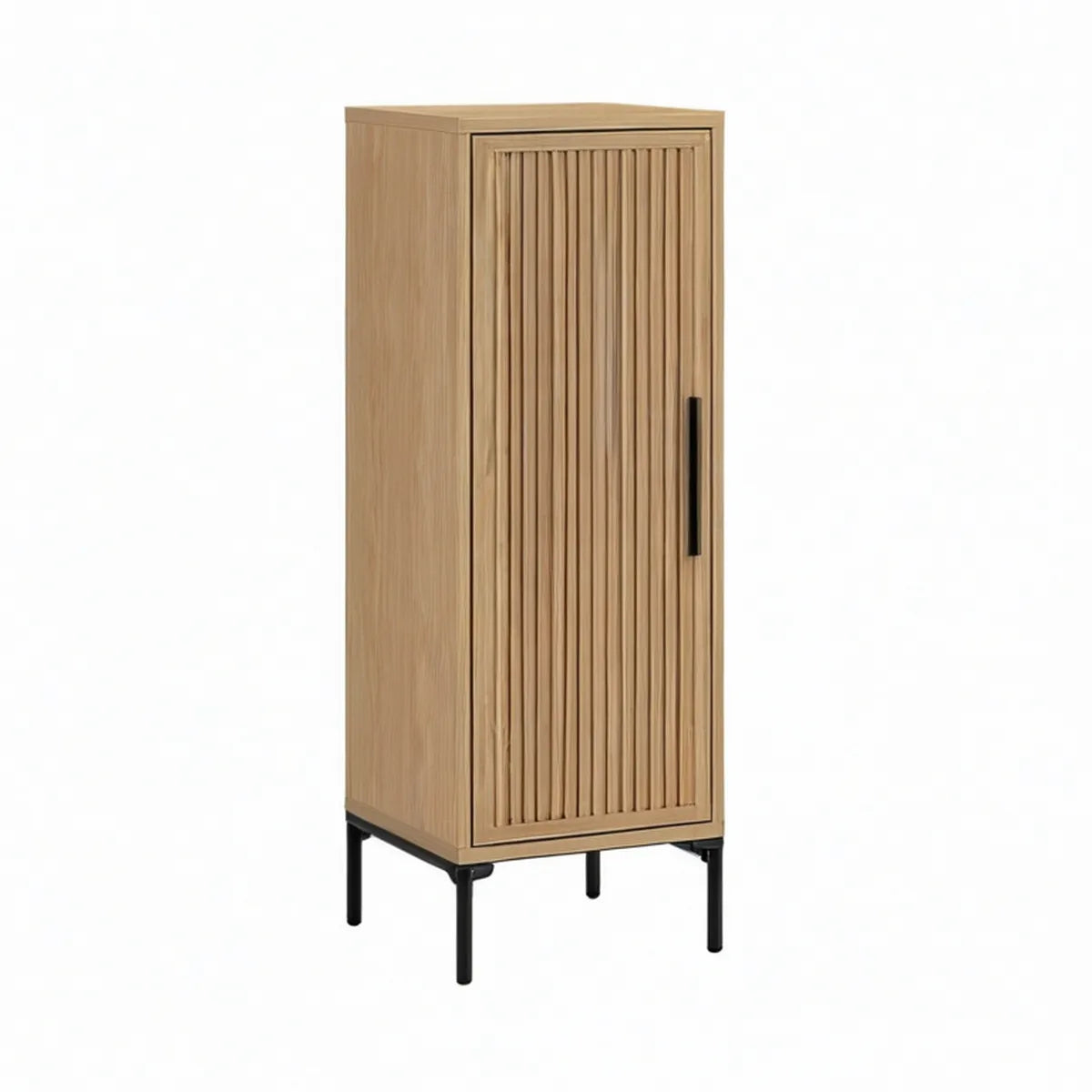Armário alto com porta ripada em MDF folheado a carvalho, 60 x 40 x 140 cm, Natural e Preto