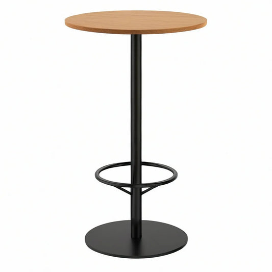 Mesa de Bar Redonda com Apoio para os Pés, Tampo Carvalho e Estrutura Preta, Ø60 x 110 cm
