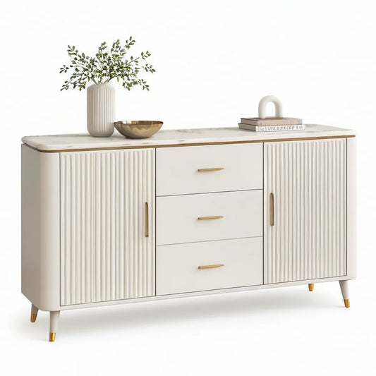 Aparador retangular em MDF branco e dourado com tampo efeito mármore, 160 x 40 x 85 cm