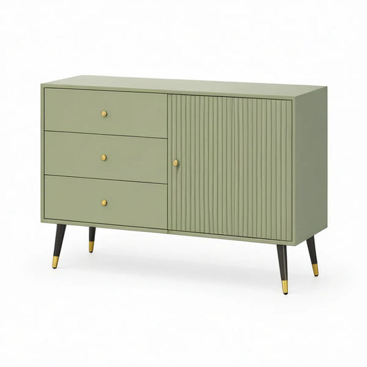 Aparador em MDF Verde-sálvia com 3 Gavetas, Porta Canelada e Pés em Aço, 120 x 40 x 80 cm
