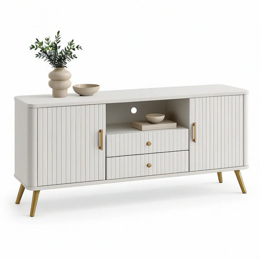 Aparador Retangular em MDF Branco Mate e Dourado com 2 Portas e 2 Gavetas, 160 x 40 x 80 cm