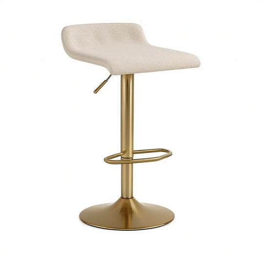 Banco de Bar Giratório Ajustável com Encosto Curvo em Poliéster Creme e Aço Dourado, 48 x 51 x 92-113 cm