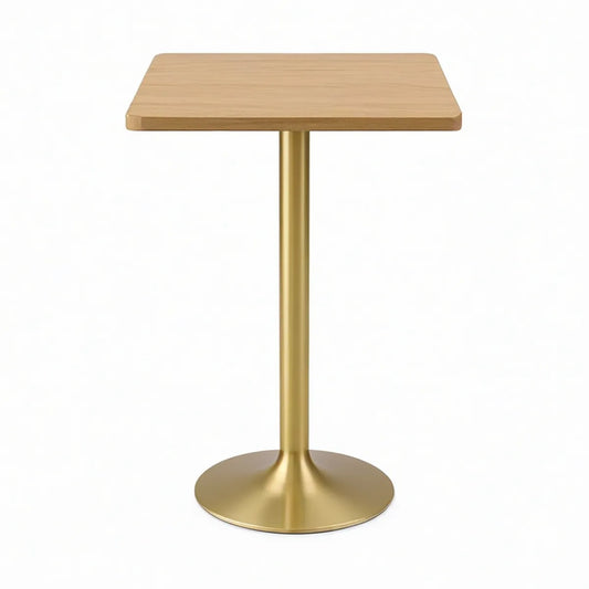 Mesa alta quadrada 60 x 60 x 110 cm em MDF carvalho natural e aço dourado