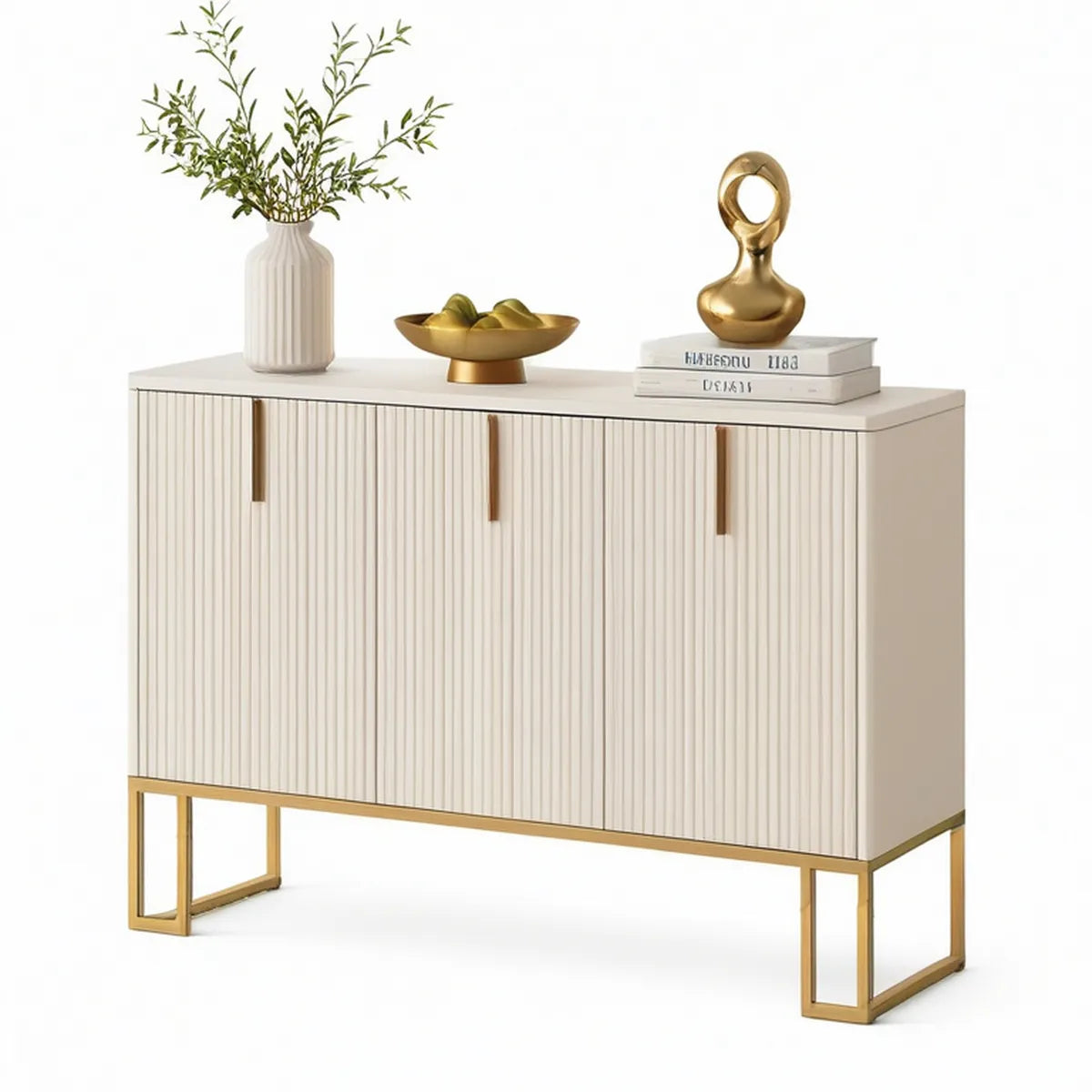 Aparador Retangular de 4 Portas em MDF Branco Marfim e Aço Inoxidável Dourado, 140 x 40 x 85 cm