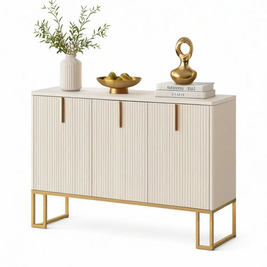 Aparador Retangular de 4 Portas em MDF Branco Marfim e Aço Inoxidável Dourado, 140 x 40 x 85 cm
