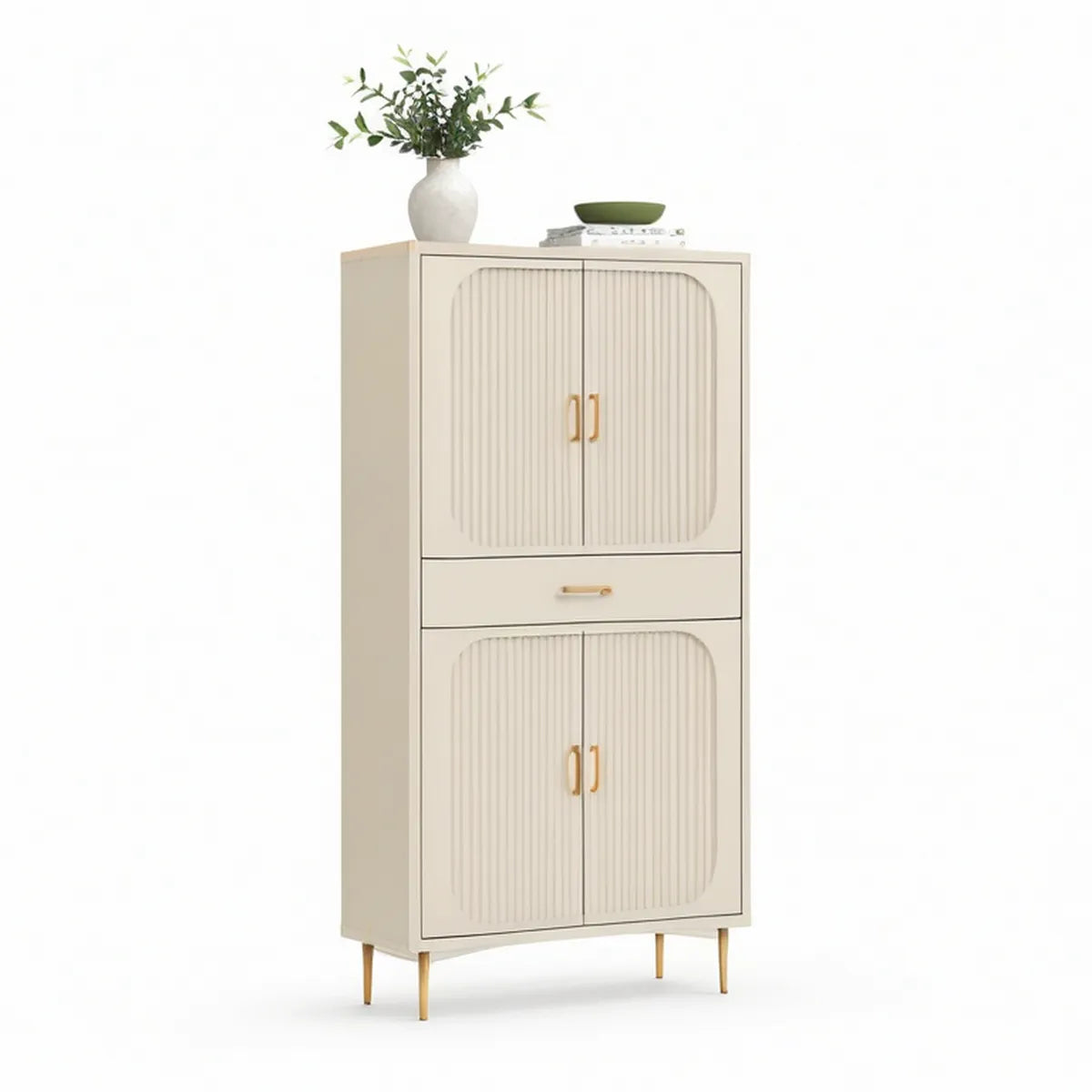 Aparador Alto em MDF Creme e Dourado com 4 Portas, 1 Gaveta e Pés Elevados 80 x 40 x 160 cm