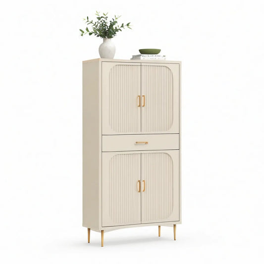 Aparador Alto em MDF Creme e Dourado com 4 Portas, 1 Gaveta e Pés Elevados 80 x 40 x 160 cm